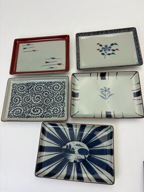 Arita Hand-Painted Ceramic Rectangular Sushi Dish Set - 5 Dishes in Box
